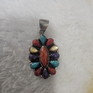 Multi-Stone Teardrop Cluster Pendant in Turquoise, Red, Purple, and Cream